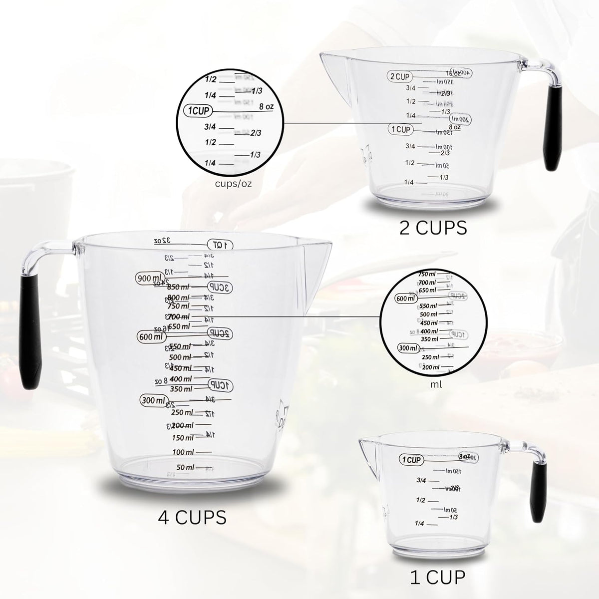 Dalup Measuring Cup Set – Clear Plastic Liquid Measuring Cups (8/16/32 oz) with Spout &amp; Non-Slip Handle | 3-Piece Plastic Measuring Cup Set for Liquids &amp; Dry Ingredients