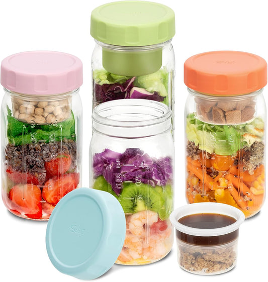 SOLIGT 4 Pack Glass Salad Jars with Lids Meal Prep, Wet/Dry Separation