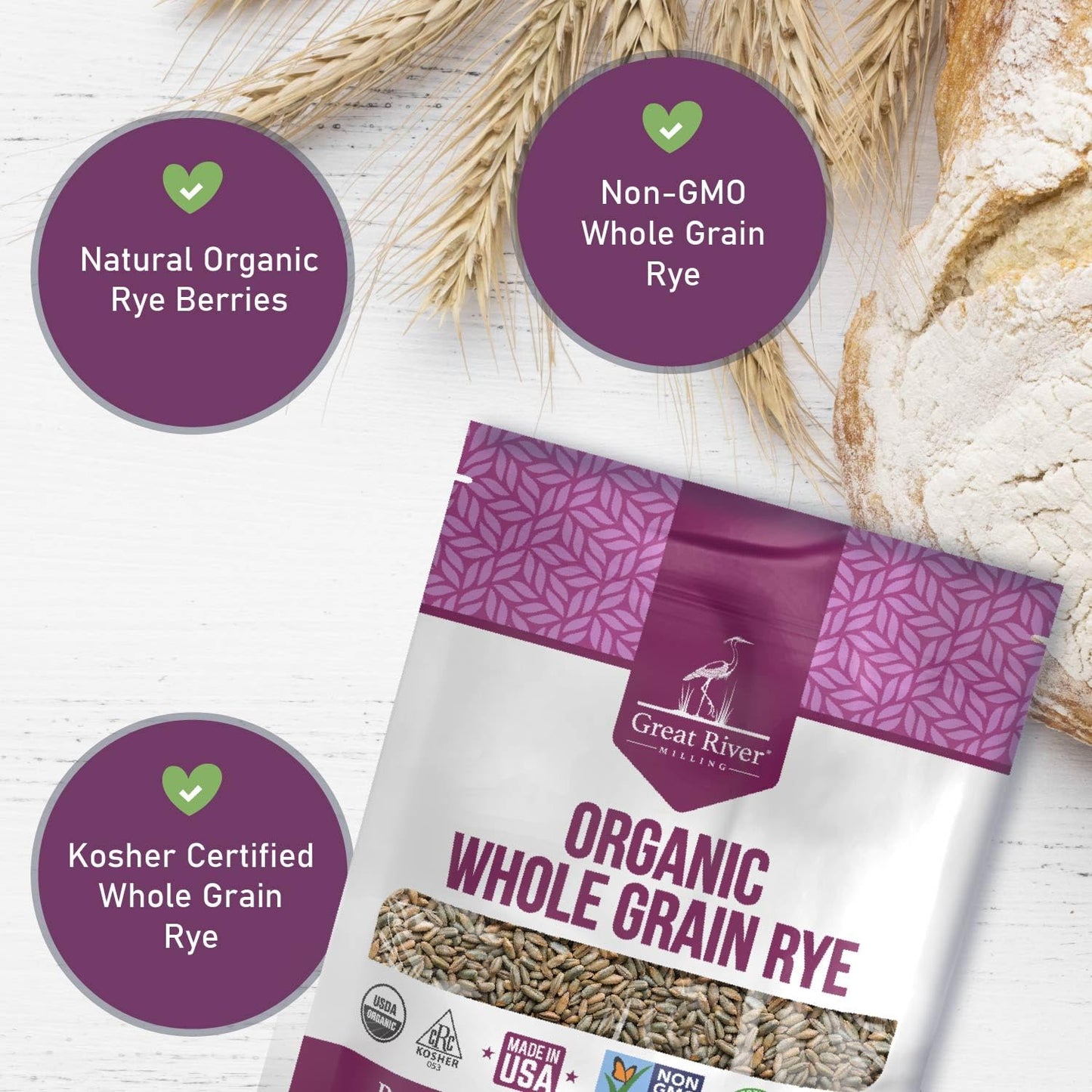 Great River Milling Organic Whole Grain Rye Berries, Non-GMO, 2 lb | Organic Whole Rye Berries for home-milled rye flour, sourdough bread, sprouting, soups, salads and pilaf; chewy cooked grain