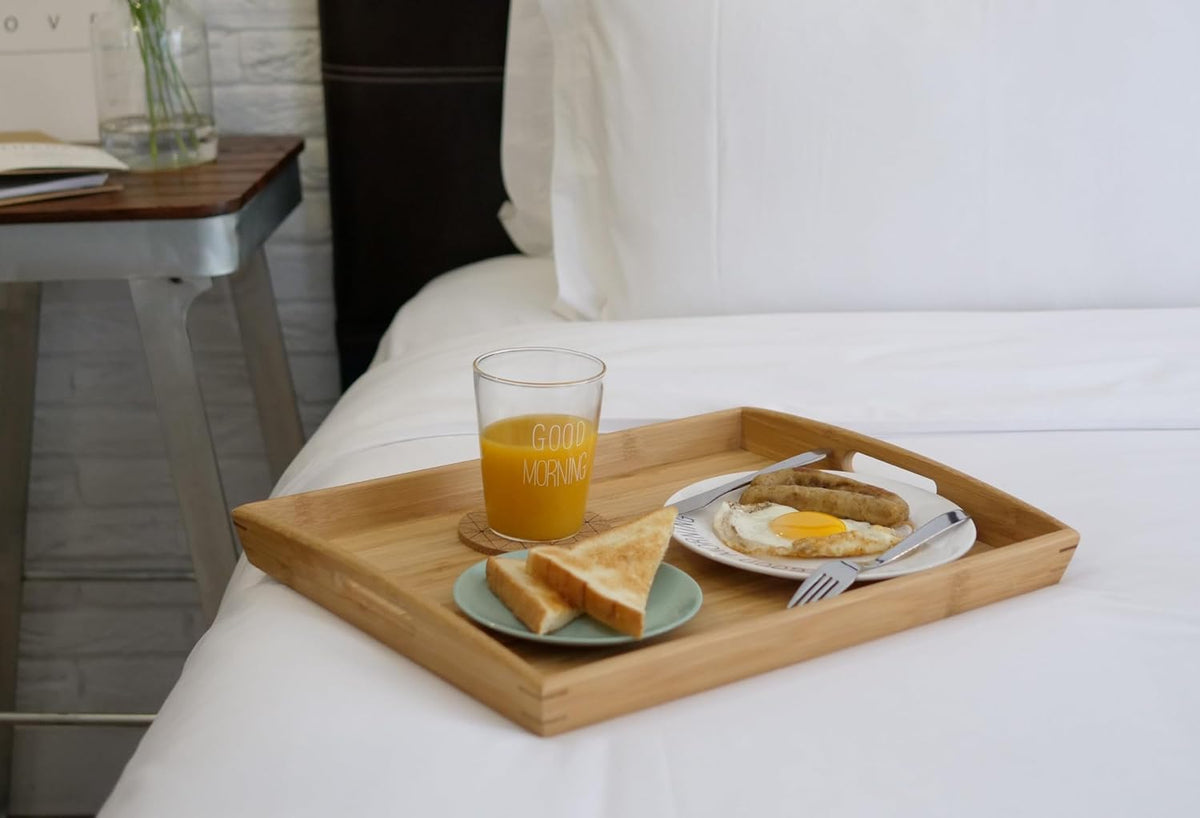 Joy&amp;Grace Bamboo Serving Tray with Handles 16.8 x 12.5 inch | Dinner Food Tray for Bed Breakfast Eating, Serving Tray for Coffee Table Ottoman TV, Decorative Wood Charcuterie Platter
