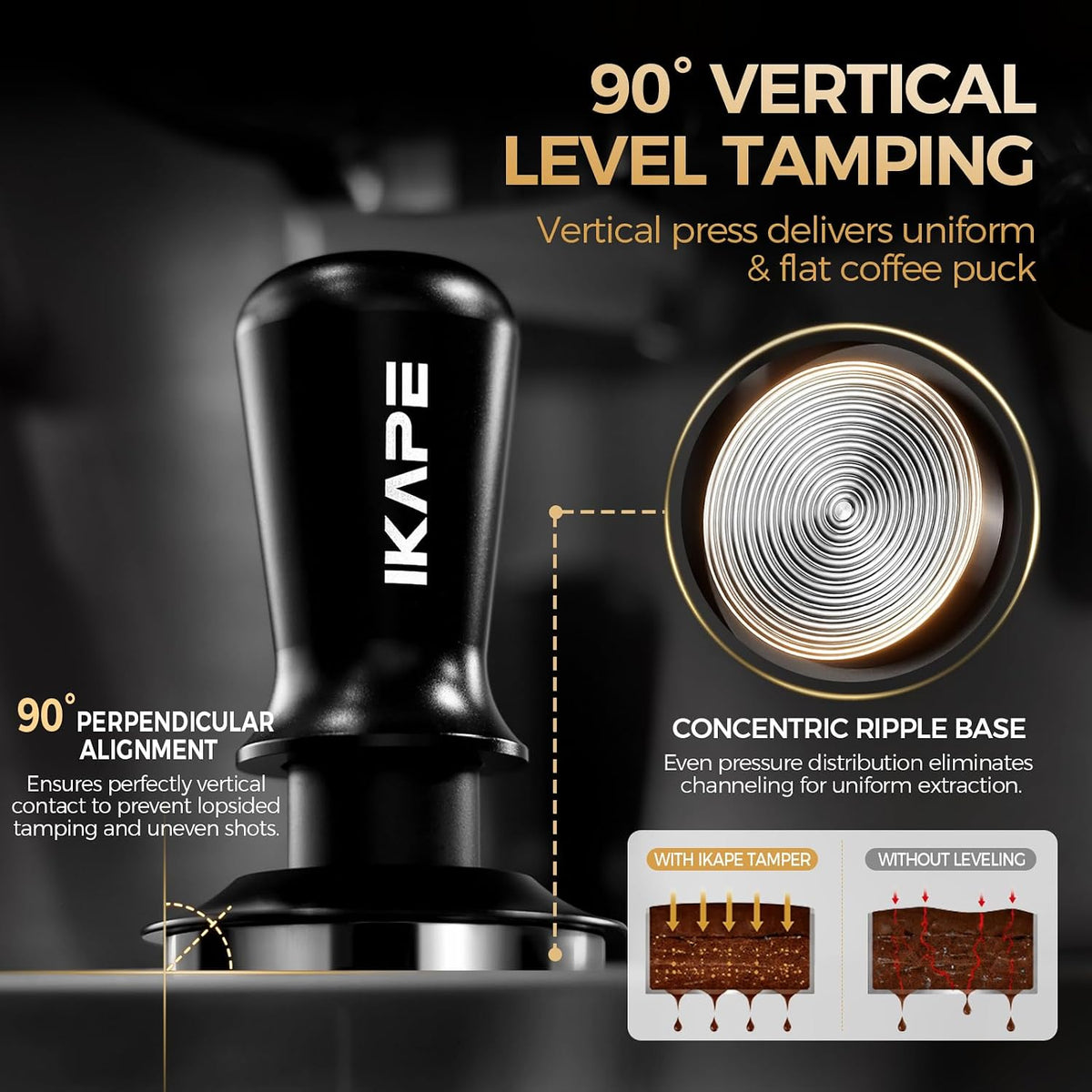 IKAPE 39.25mm Espresso Tamper, Black Premium Barista Coffee Tamper with Calibrated Spring Loaded, 100% Flat Stainless Steel Base Tamper for Espresso Machine