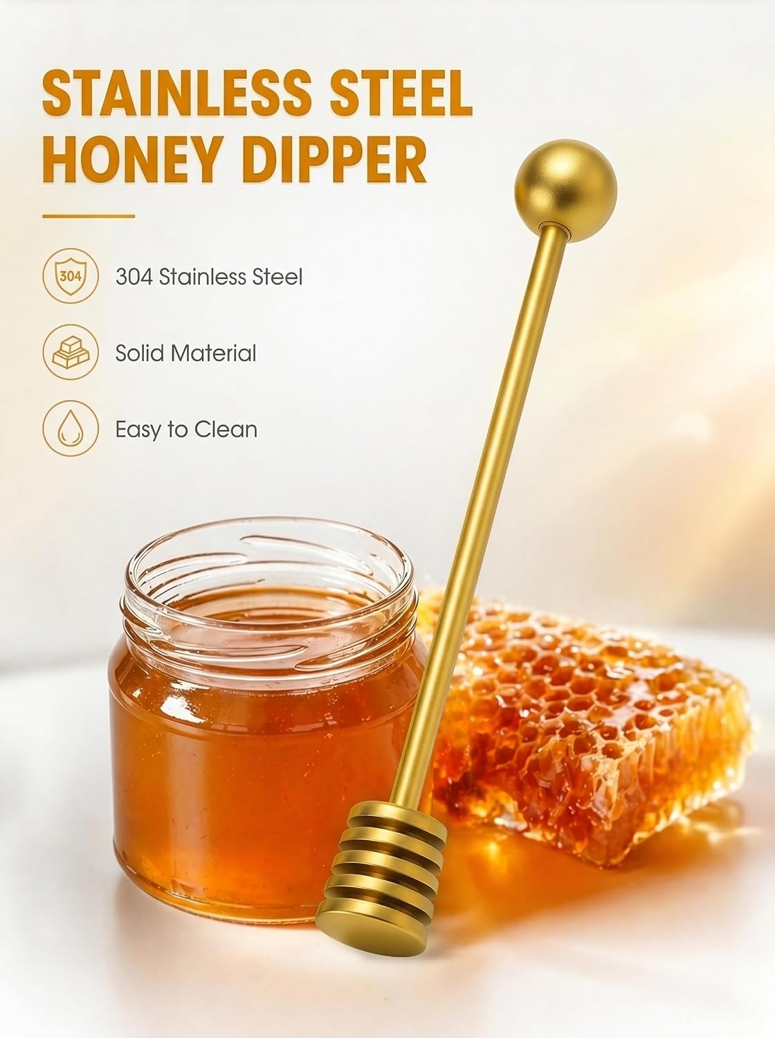 Honey Dipper, 6.3 in Stainless Steel Server Stick, 2-Pack Gold Color | Spiral Honey Dipper Design, Honeycomb Stick for Honey Jar, Syrup Drizzler, Tea Server, Dishwasher Safe Gift Pair
