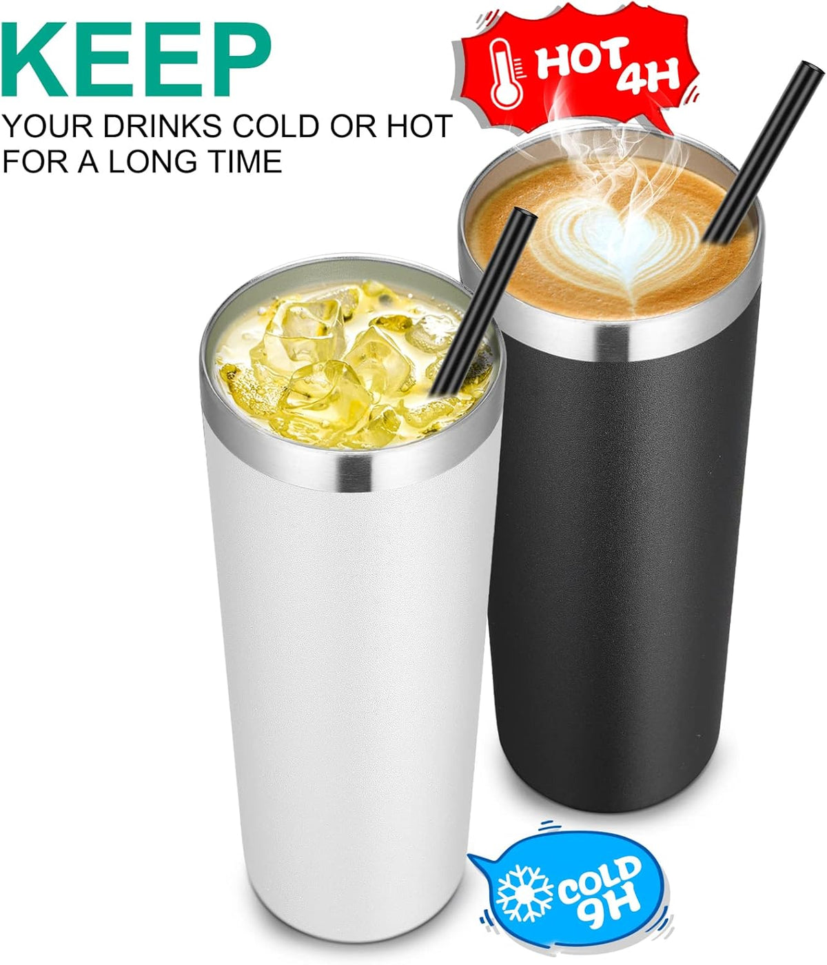 VEGOND Stainless Steel Skinny Tumbler, 20 oz Vacuum Insulated Tumbler with Lid and Straw, Double Wall Coffee Cup, Travel Mug for Cold Hot Drinks, Black 1 Pack