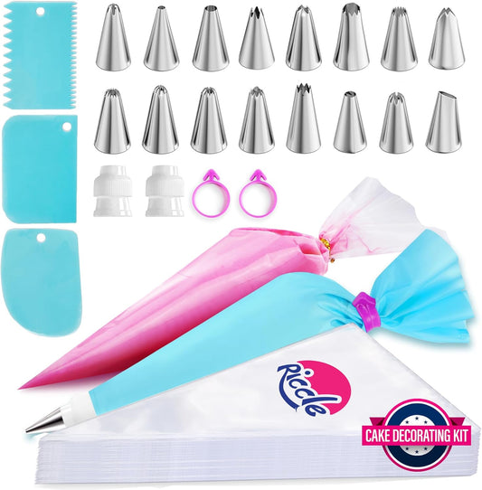 Riccle Piping Bags and Tips Set, 11.8 Inch 100 Anti Burst Piping Bags, 124 Pcs Cake Decorating Kit with 16 Piping Tips, 1