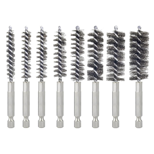 Bore Brush for Drill – 8pcs Stainless Steel Wire Tube Brush in Different Sizes, Twisted Wire Cleaning Brush with 1/4" Hex
