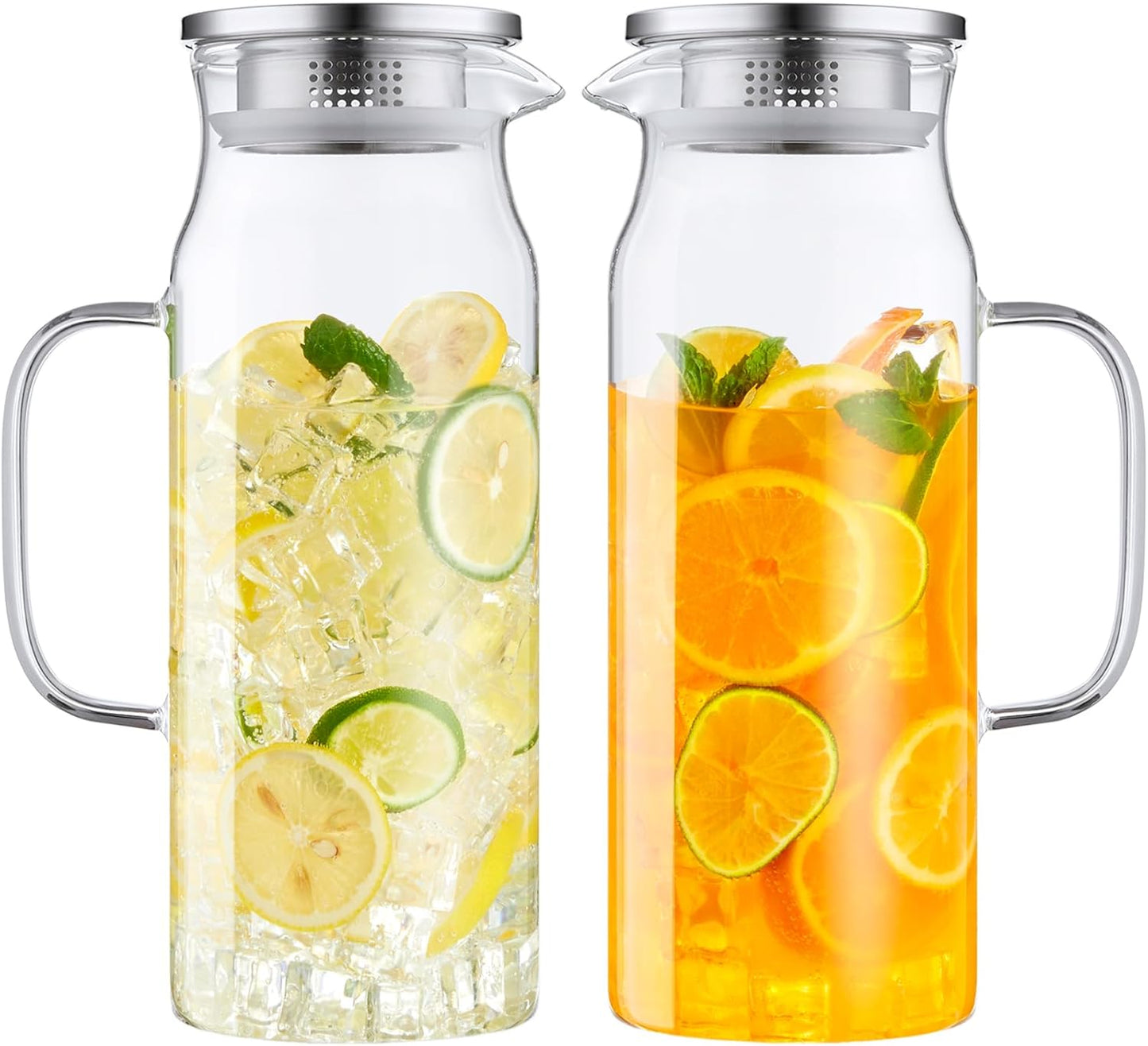 2 Pack 1.6 Liter 54 oz Glass Pitcher with Lid and Spout, Glass Carafe Water Pitcher for Hot/Cold Wat