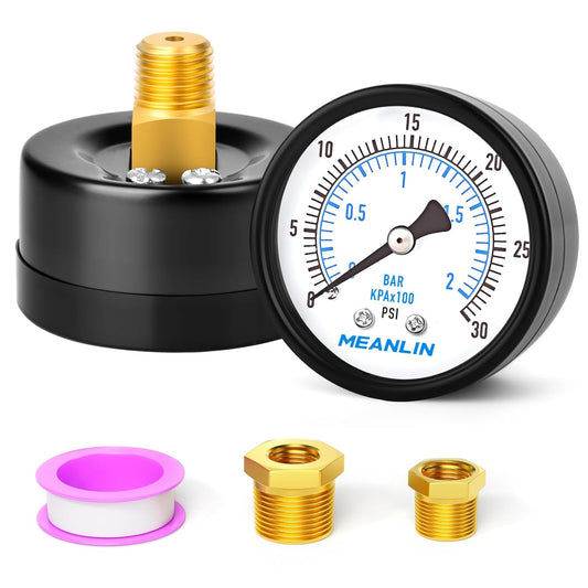 MEANLIN MEASURE 0-30Psi 2" DIAL FACE 1/4" NPT Well Pump Pressure Gauge, with 1/2" NPT and 3/8" NPT Hex Bushing, 3-2-3%