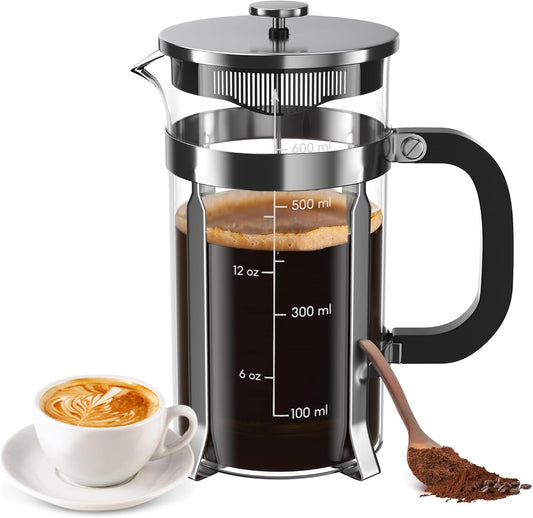 21 Ounce / 600ML French Press Coffee Maker - Stainless Steel & Borosilicate Glass, 4 - Filter for Smooth Brews - Perfect for