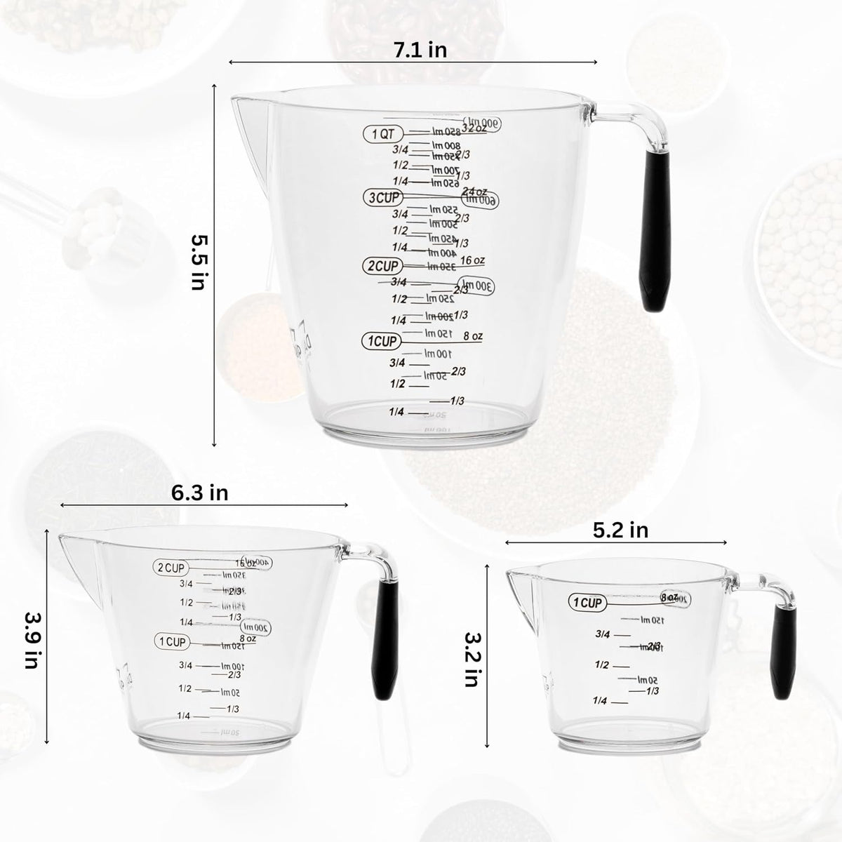 Dalup Measuring Cup Set – Clear Plastic Liquid Measuring Cups (8/16/32 oz) with Spout &amp; Non-Slip Handle | 3-Piece Plastic Measuring Cup Set for Liquids &amp; Dry Ingredients