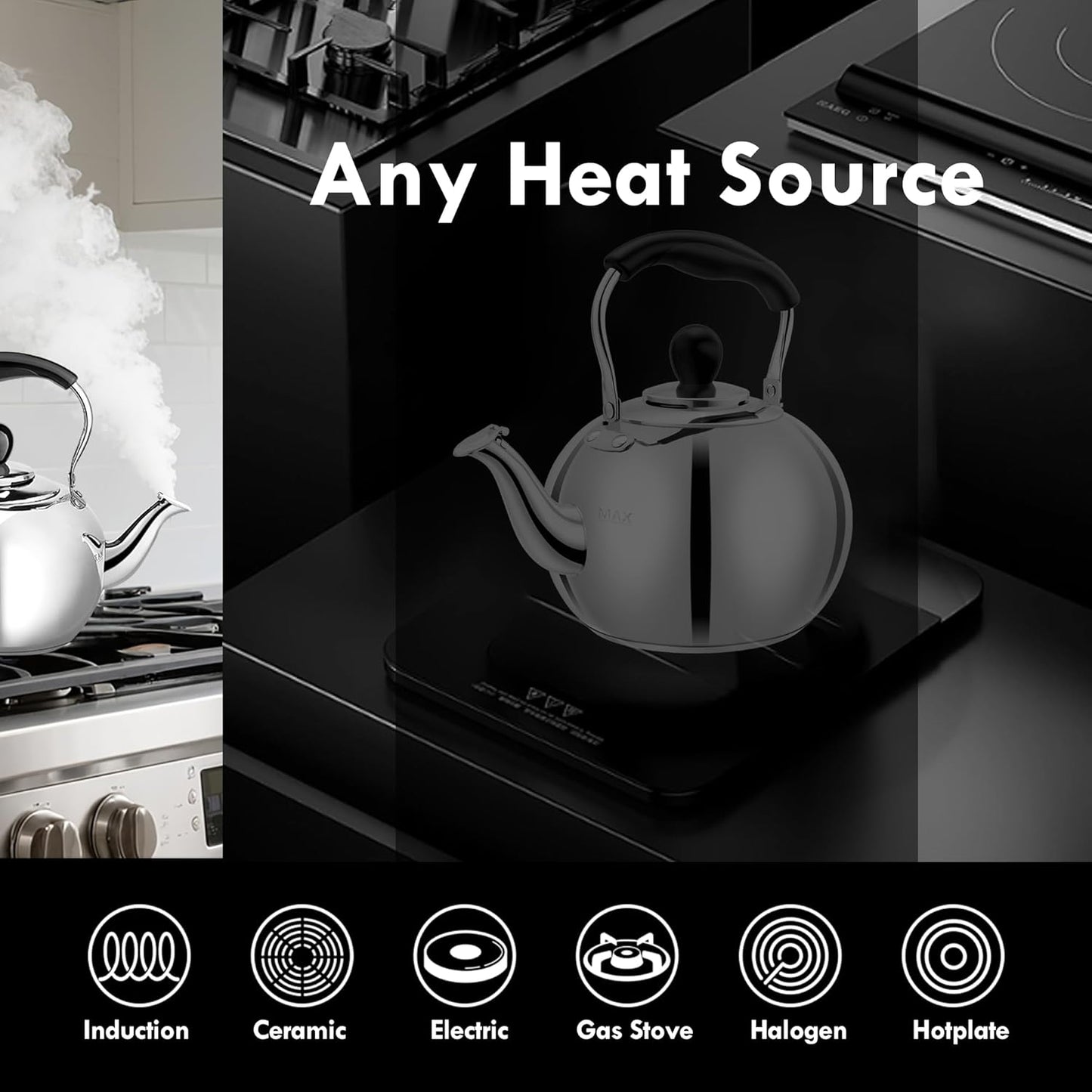 Stovetop Tea Kettle with Whistle - 2.0 Quart 18/8 Stainless Steel Tea Pot for Gas Stove &amp; Electric Coil Stovetop, Food-Safe, Easy-Pour Spout, Mirror Polished Classic Water Kettle