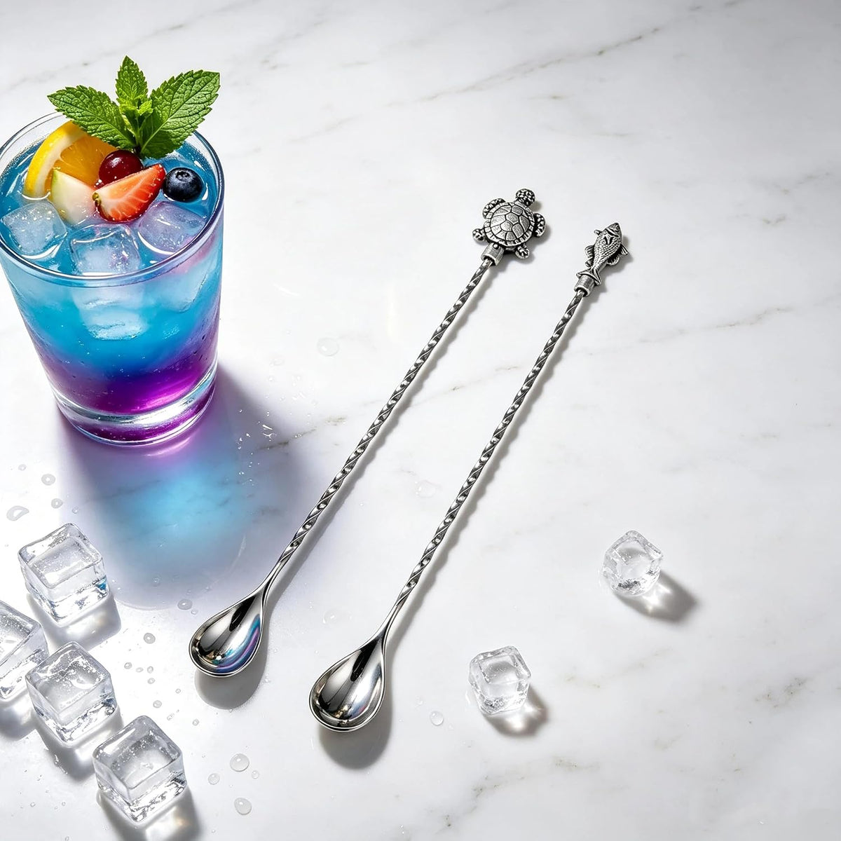 Homestia 12 Inch Bar Spoon, 2 Pcs Cocktail Spoon with Sea Turtle Fish Decor | Dirty Soda Bar Supplies, Stainless Steel Coffee Bar Use, Mixing &amp; Layering Drink Stirrer, Long Spoon for Bartending Stirring