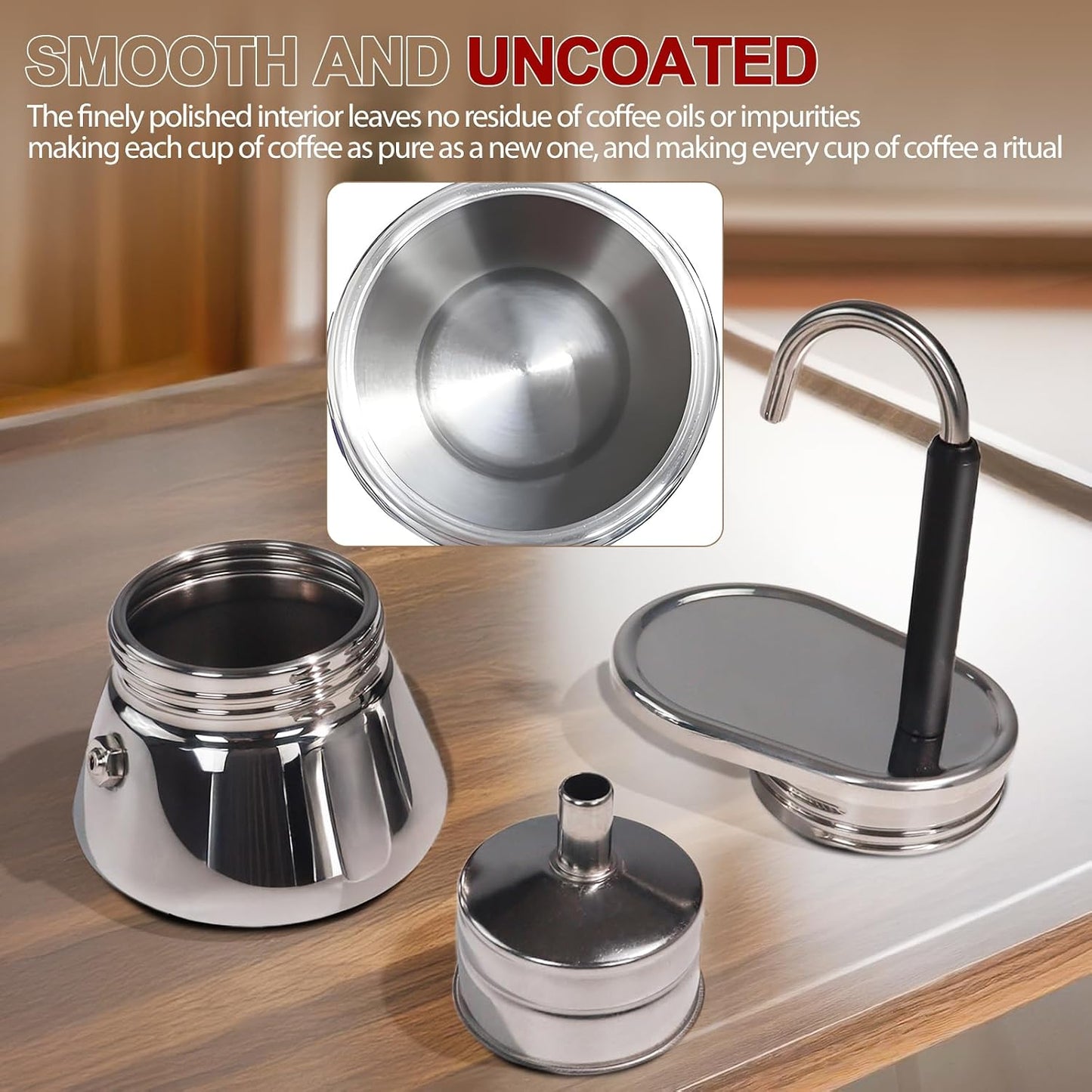Uncoated 1 Cup Single Tube Moka Pot 304 Thickened Stainless Steel | Mini Coffee Maker Stovetop Espresso Coffeemaker Italian Classic Style Brewing Greca Cafe Machine for Camping Travel Home 90ml