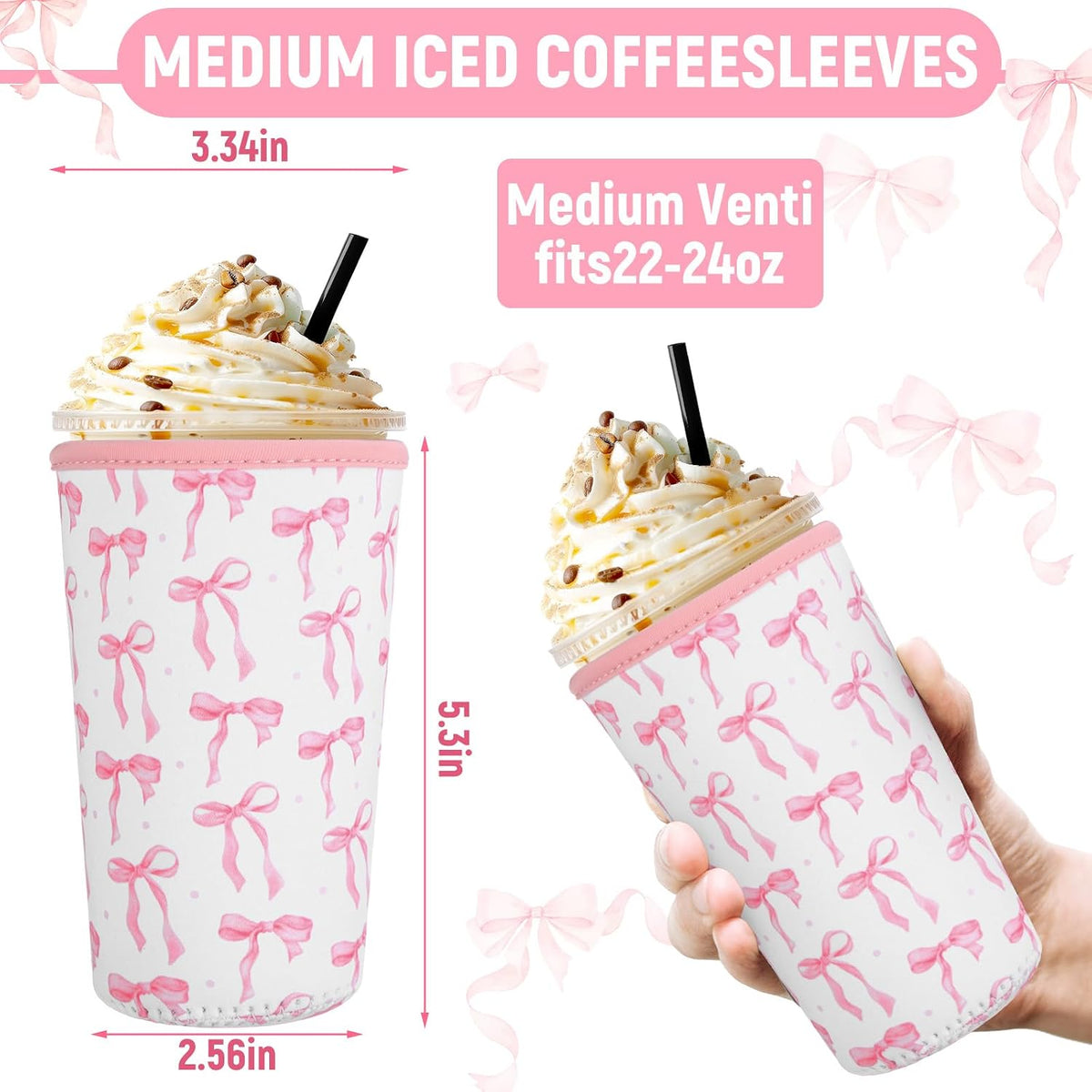 Silifine 8 Pcs Pink Bow Iced Coffee Sleeve Reusable Neoprene Insulatord Cup Sleeve Coquette Bow Reusable Coffee Insulator Sleeves Holder for Cold Beverages Cups Cold and Hot Drinks, 22-24 oz