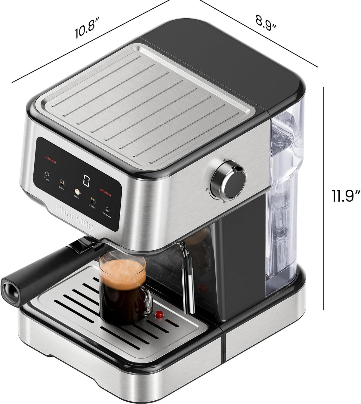 Chefman CraftBrew Espresso Machine, 15-Bar Pump Digital Espresso Maker w/Steam Wand for Latte &amp; Cappuccino, Compact Espresso Coffee Machine w/ 1.5L Removable Water Reservoir - Stainless Steel