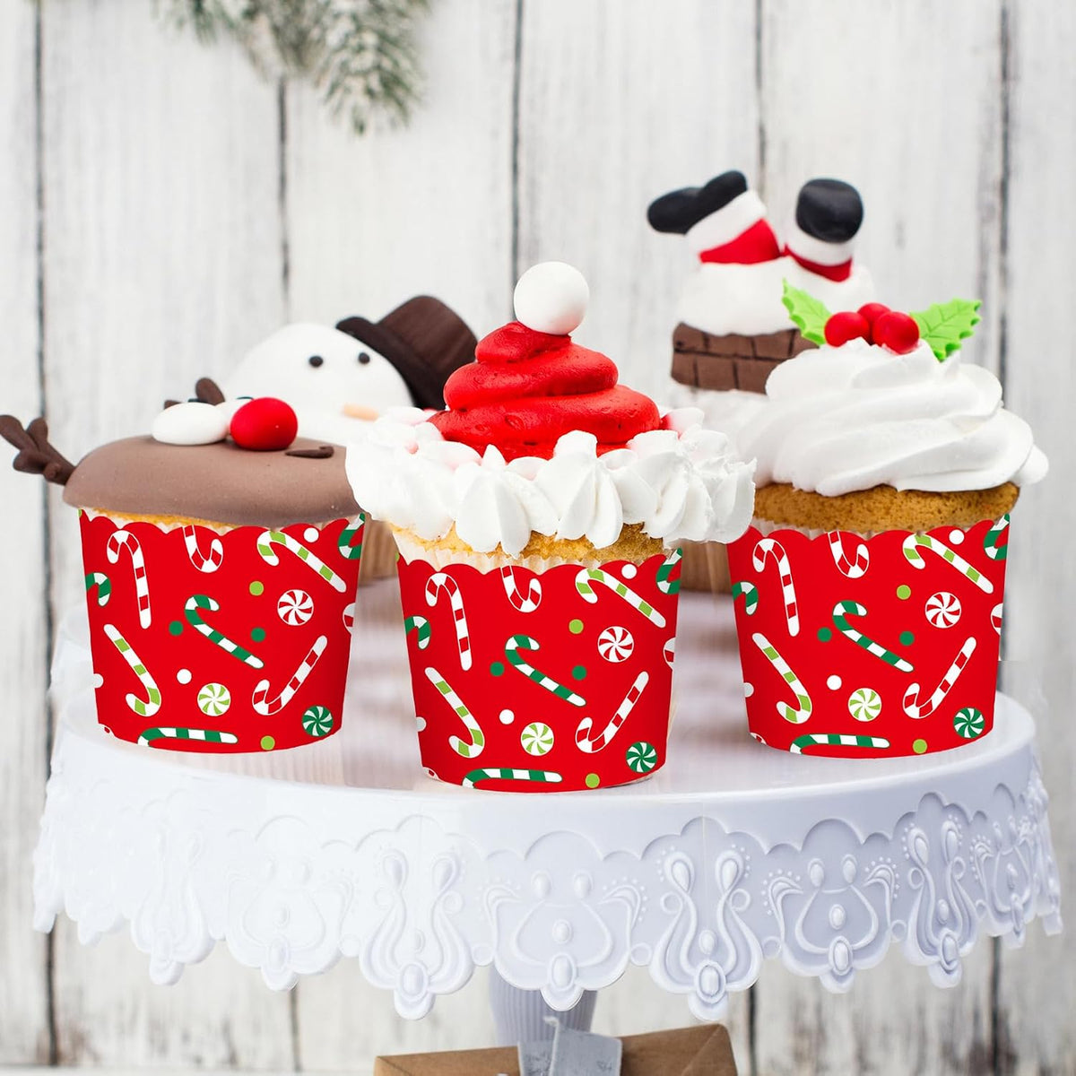 Whaline 100Pcs Christmas Paper Baking Cups Red Green Candy Cane Cupcake Wrappers Scalloped Edge Cupcake Muffin Cases for Xmas Winter Holiday Party Dessert Decoration