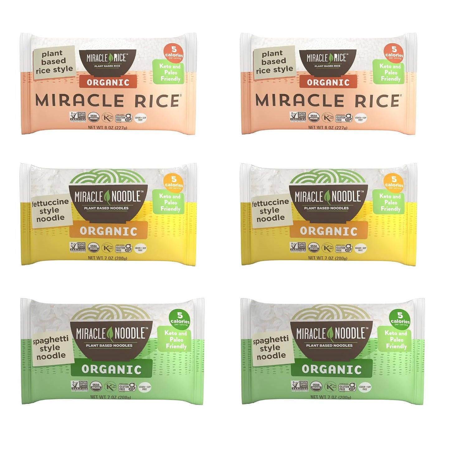 Miracle Noodle Organic Variety Pack (Pack of 6) | Spaghetti, Fettuccine, Rice, Plant Based Shirataki Konjac Noodles, 5 Calories, 1g Net Carbs Per Serving, Keto, Gluten-Free
