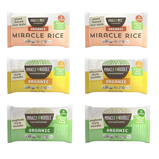 Miracle Noodle Organic Variety Pack (Pack of 6), Spaghetti, Fettuccine, Rice, Plant Based Shirataki Konjac Noodles, 5