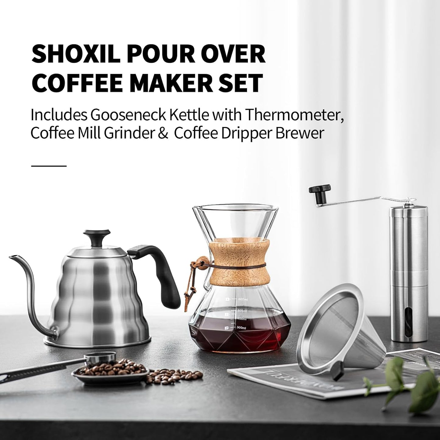 Pour Over Coffee Maker Set – 40oz Gooseneck Kettle with Thermometer, Coffee Grinder &amp; 20oz Drip Coffee Maker – Stainless Steel Pour Over Coffee Set