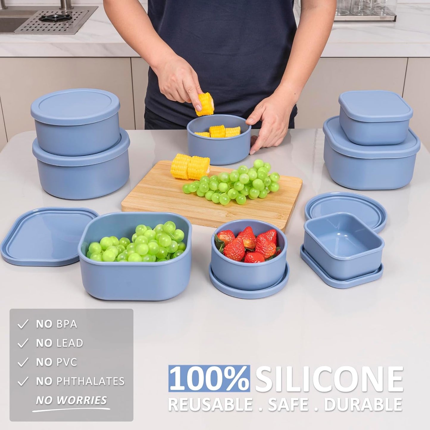 100% Silicone Food Storage Containers with Lids, 8 Pack, 10oz to 51oz, Reusable Leakproof Nesting &amp; Stackable Silicone Bento Lunch Box, Microwave Freezer Dishwasher Oven Safe, BPA Free, Slate Blue