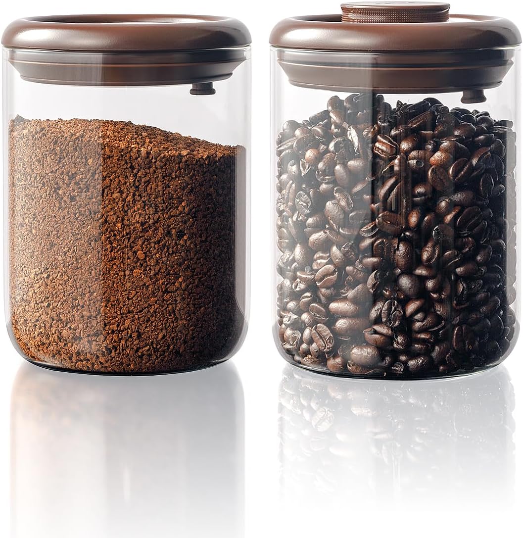 Coffee Container, 10 oz Airtight Glass Storage Canister, 2 Pack | Pop Lids, Separate Espresso, Whole Bean and Ground Varieties with One-way CO₂ Valves and Glass Bodies for Easy Refill Checks