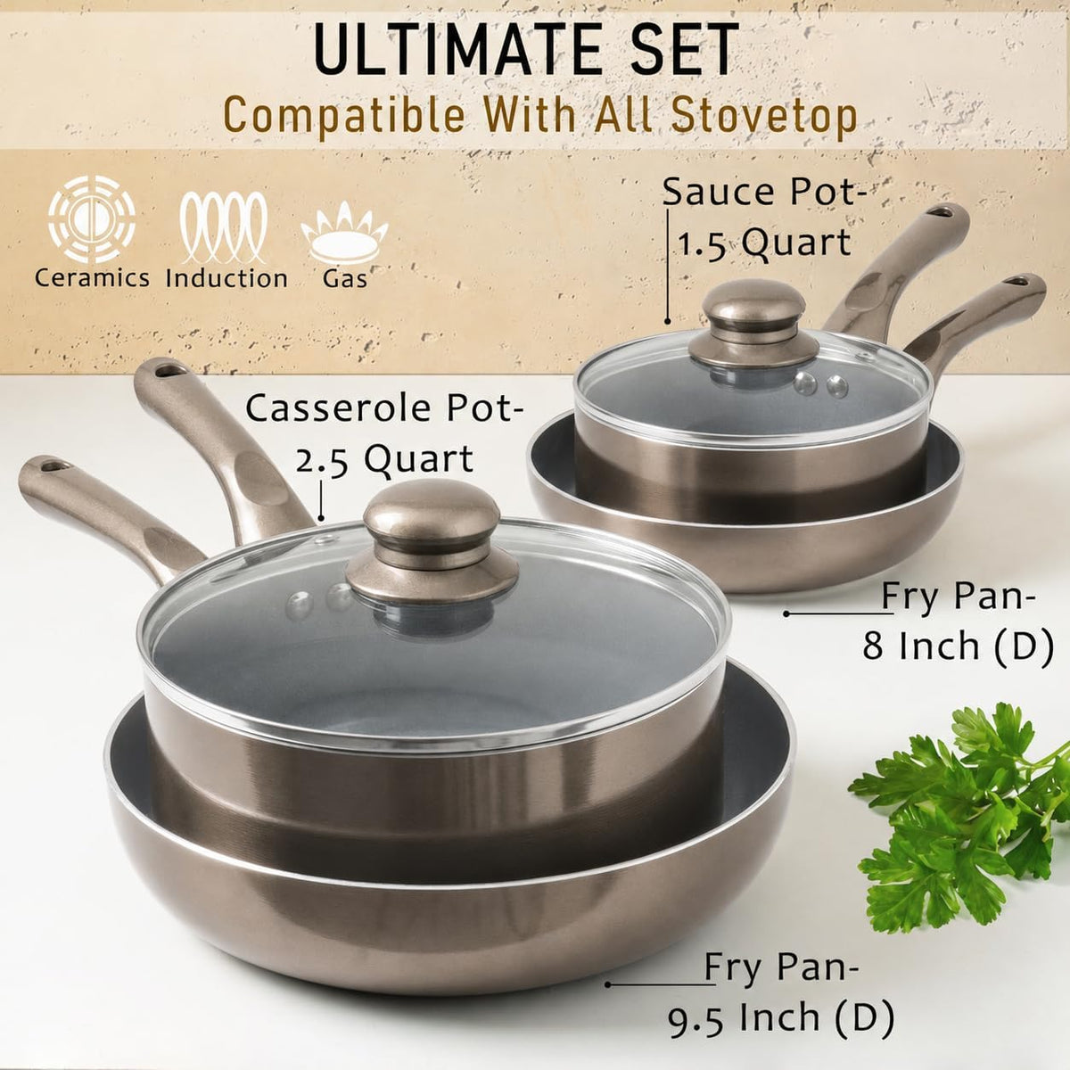Moss & Stone 6 Pcs Dark Grey Nonstick Cookware Set, Pots And Pans Set Non stick With Glass Lid, Induction Cookware, Stay-Cool Handle PTFE/PFOA Kitchen Pots 6-Piece with Frying Pans & Saucepan