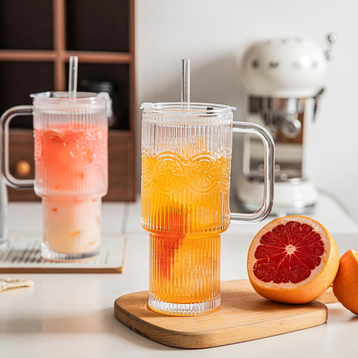 INSETLAN 24 oz Ribbed &amp; Floral Glass Tumblers with Handle, Set of 2 Cups | Iced Coffee Cups with Lids and Straws, Reusable Glass Mugs for Water, Smoothie, Tea, and Juice – Ideal for Daily Use &amp; Travel