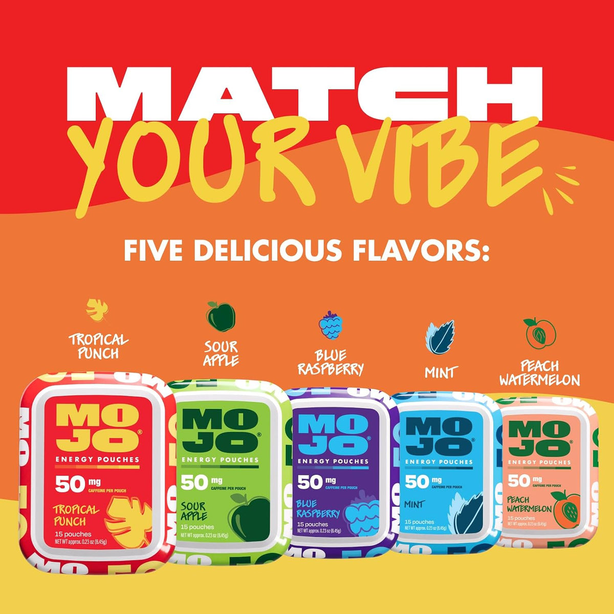 MOJO Caffeine Pouches with Naturally Derived Caffeine from Green Tea, Ginseng, Yerba Mate, L-Theanine &amp; B-Vitamins | Nicotine-Free | Zero Sugar | 50mg Caffeine | Tropical Punch