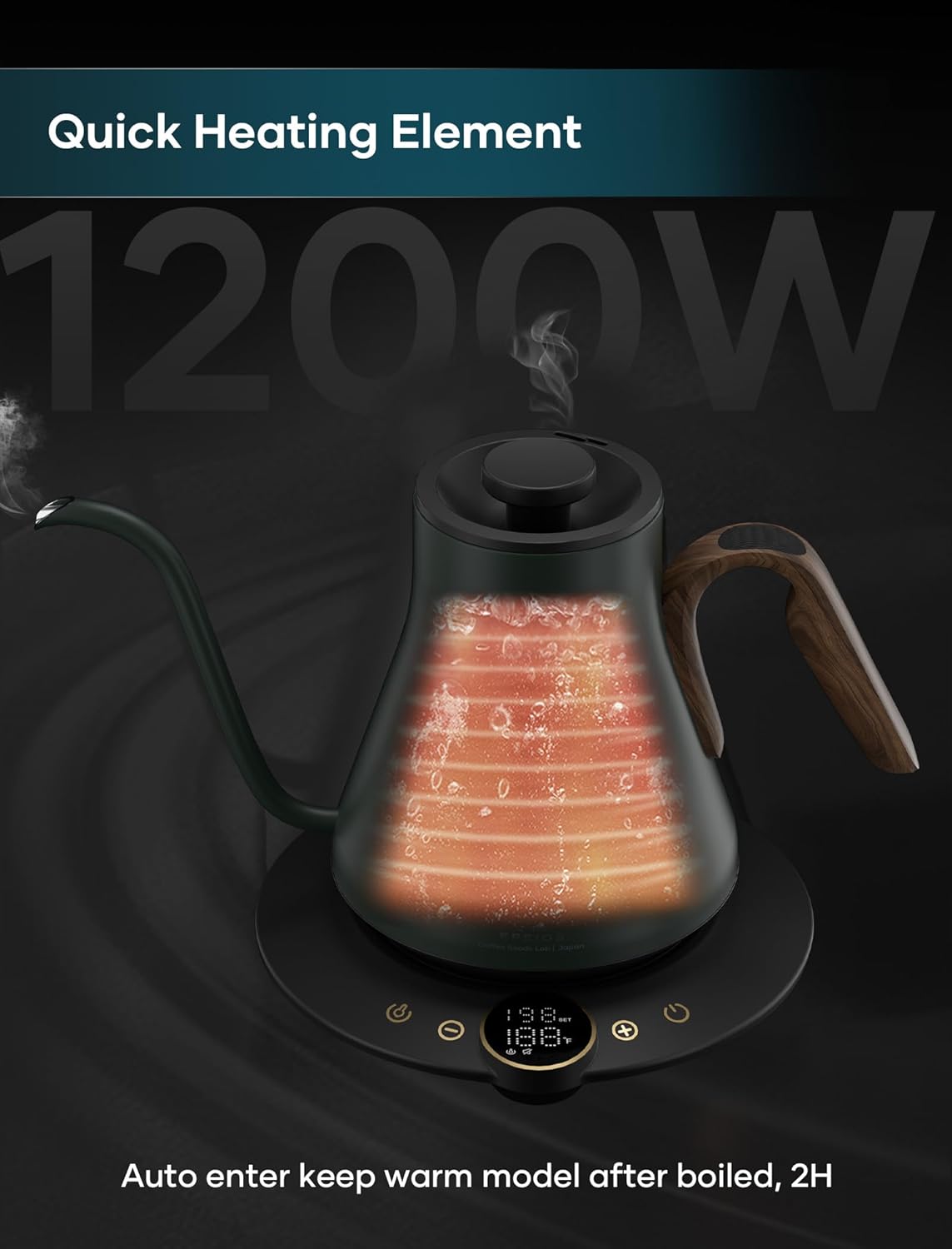 Electric Kettles, INTASTING Gooseneck Electric Kettle, ±1℉ Temperature Control, Stainless Steel Inner, Quick Heating, for Pour Over Coffee, Brew Tea, Boil Hot Water, 0.9L (Forest Green)