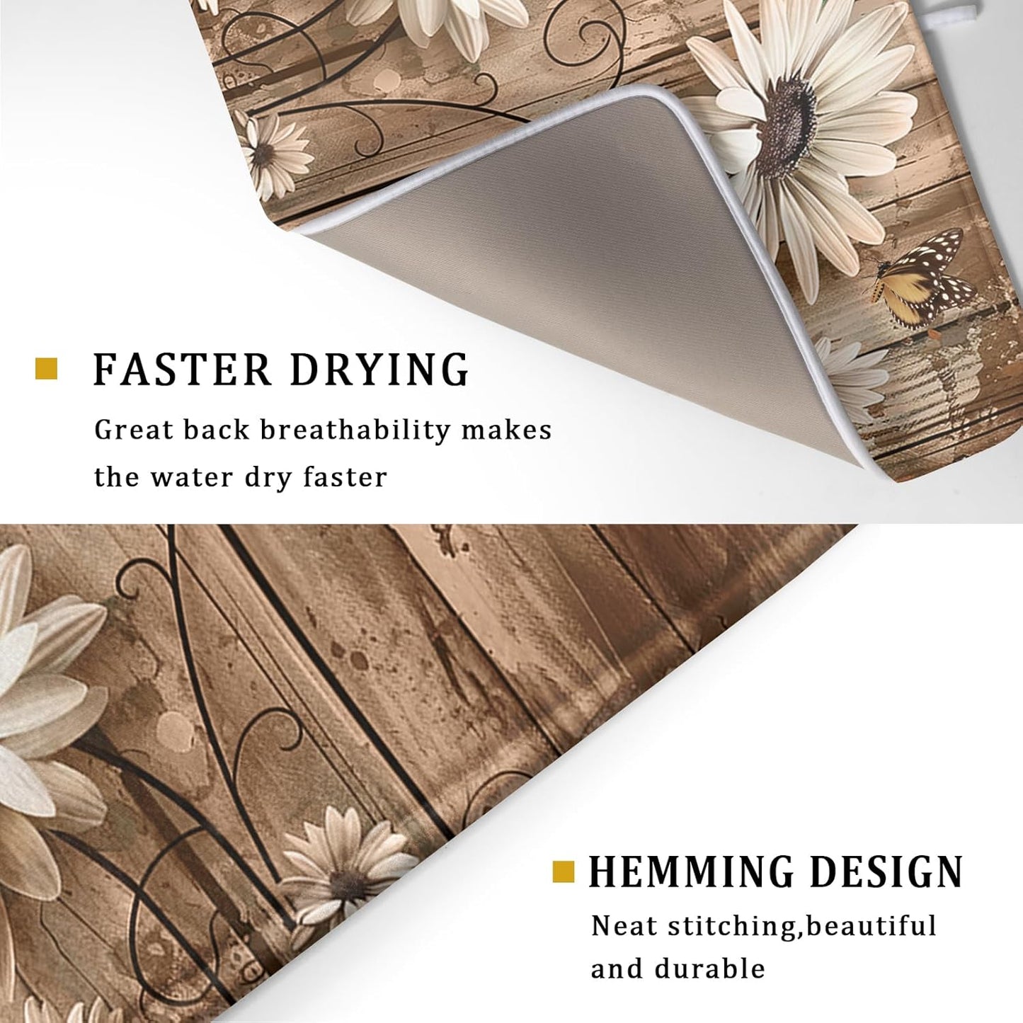 Summer Daisy Flowers Dish Drying Mat for Kitchen Counter 16x18in Rustic Wood Floral Kitchen Mat Daisy Microfiber Absorbent