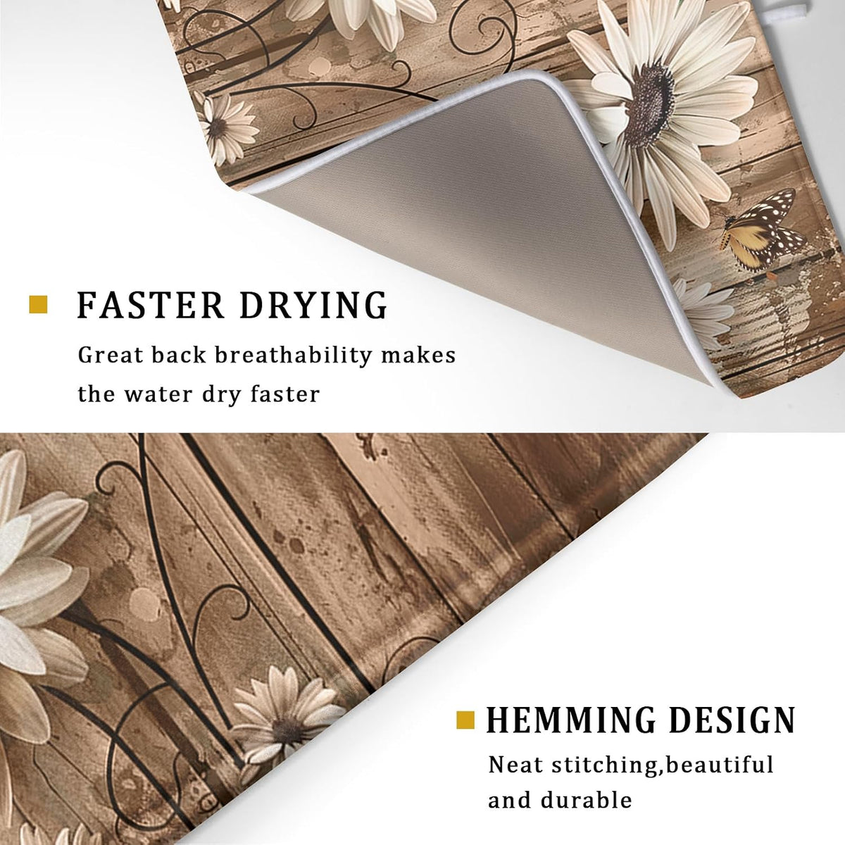 Summer Daisy Flowers Dish Drying Mat for Kitchen Counter 16x18in Rustic Wood Floral Kitchen Mat Daisy Microfiber Absorbent