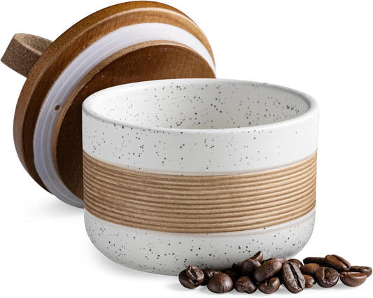 Small Ceramic Jar with Lid, Coffee Container Canister Kitchen Food Storage Jars for Spice Sugar Tea Bag, Stackable Decorative Jars for Countertop, White & 5 fl.oz