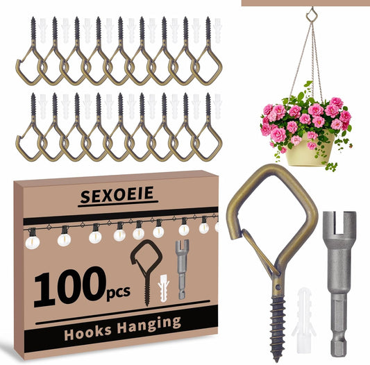 100 PCS Bronze Eye Screw Hooks for Hanging Heavy Duty with Safety Buckle.Metal Ceiling Hooks for Hanging Plants Cup Wind