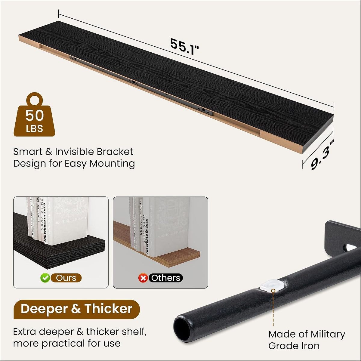 Fun Memories 55 Inch Fireplace Mantel Shelf, 9.3" Deep Floating Shelves for Wall, Long Wall Mounted Farmhouse Display Shelves with Invisible Heavy Duty Metal Bracket, Black, 2 Pack