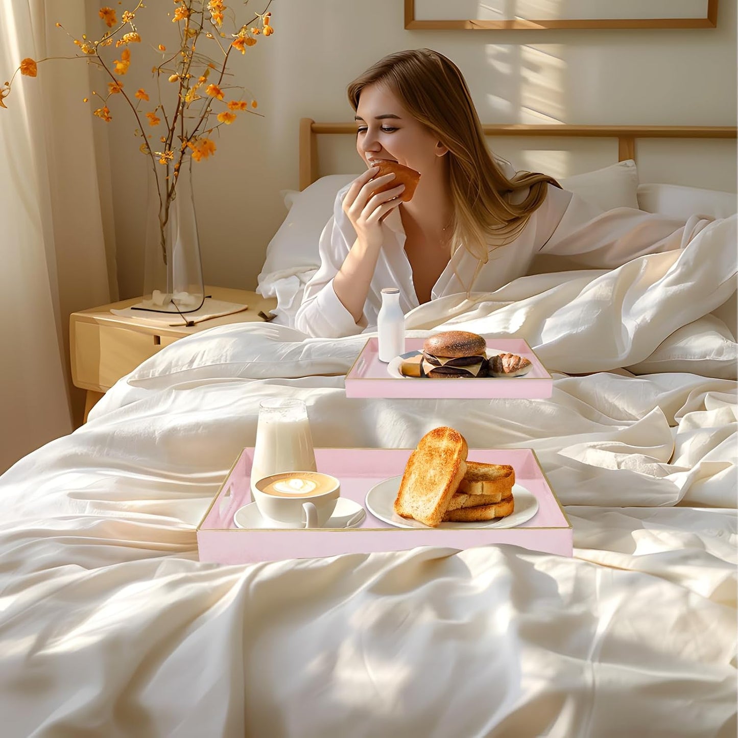 MAONAME Pink Serving Tray with Handles, Plastic Decorative Tray Set of 2 | Pink Decorative Tray for Coffee Table, Modern Ottoman Tray, Rectangle Melamine Tray for Living Room, 15.8"L x 10.2"W x 1.4"H