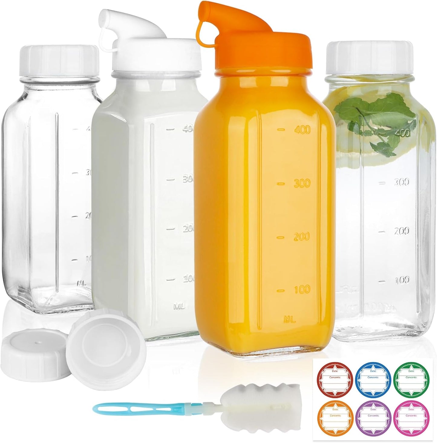4 Pack 16 OZ Glass Milk Bottles with Lids, Glass Juice Bottles with Scale & Silicone Pour Spout, Reusable Juice Containers Square Drinking Jars for Milk, Coffee, Smoothies, Water