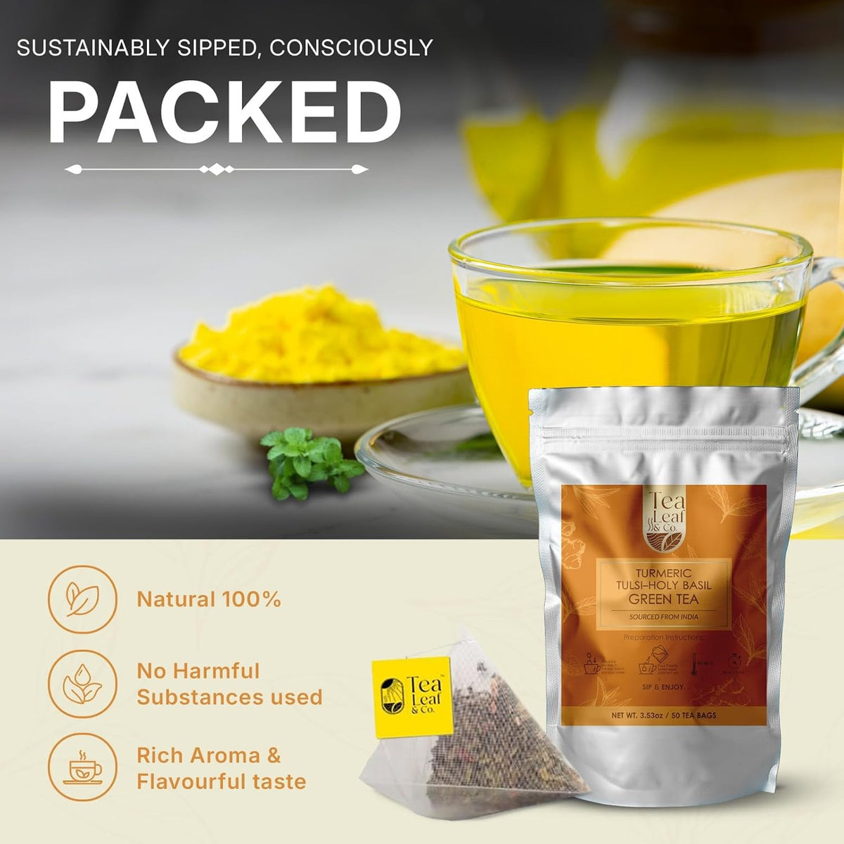 Turmeric, Peppermint &amp; Basil Tulsi Green Tea Loose Leaf 3.5oz, 50 Tea Bags