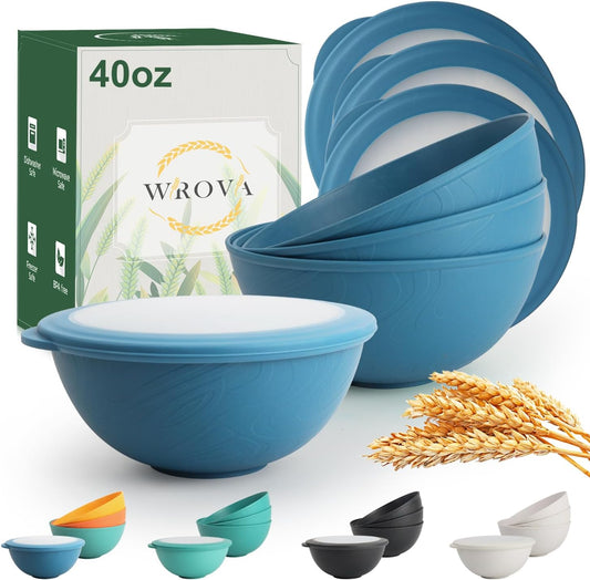wheat straw bowls with lids set of 4, 40oz cereal bowls with covers,unbreakable salad container for lunch, dishwasher safe