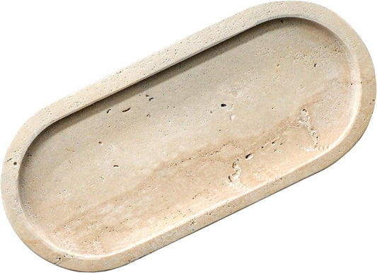 Bathroom Vanity Tray, Natural Marble Oval Sink Tray 10 Inch, Beige Travertine Vanity Tray for Soap Dispenser Modern