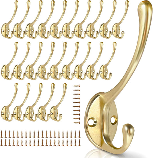 Wall Hooks for Hanging, 25-Pcs Heavy Duty Metal Coat Hooks, for Living Room, Bathroom, Kitchen, Bedroom for Towel, Hat, Key, Closet, Bag (Gold)