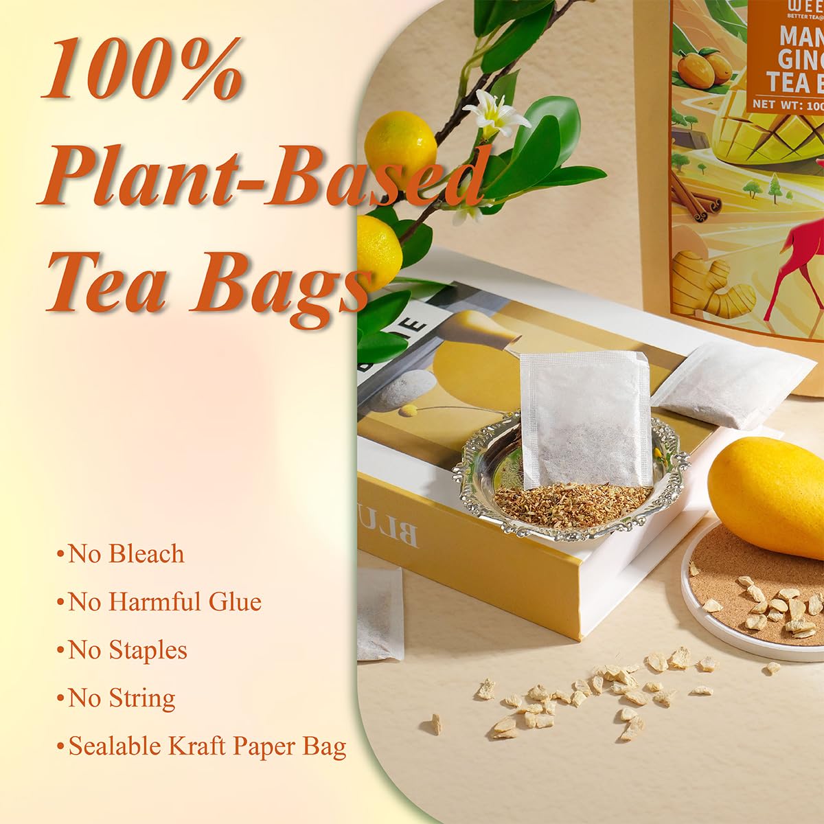 WT WEETEE Mango Ginger Tea Bags 100ct, Caffeine-free Tropical &amp; Spicy Blend | Flavored Ginger Herbal Tea Includes Cardamom, Fennel, Cinnamon, Rooibos, Licorice, More, Warming Spice &amp; Sweet Tropical Notes
