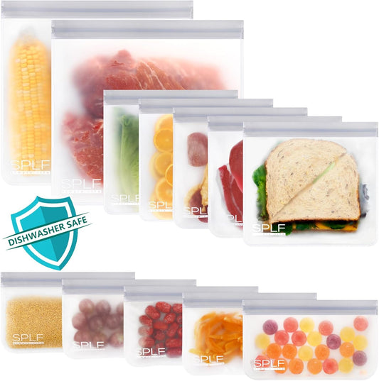 SPLF 12 Pack Dishwasher Safe Reusable Food Storage Bags, Gray