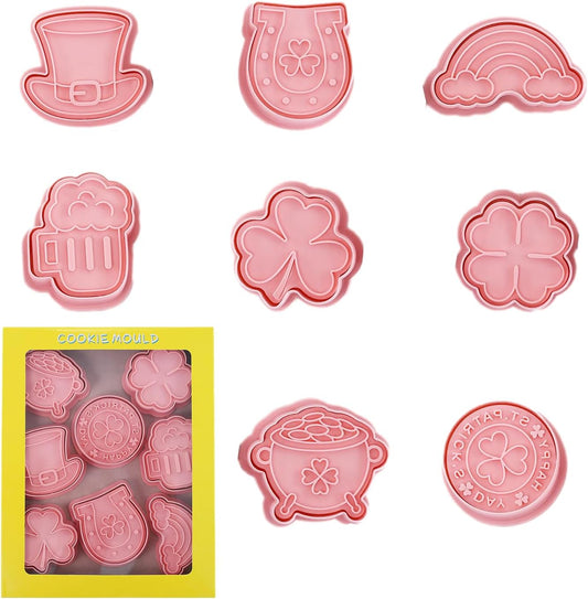 St. Patrick's Day Cookie Cutters, 8Pcs 3D Plastic Cookie Molds Cartoon Shamrock Four Leaf Clover Horseshoe Biscuit Cutters