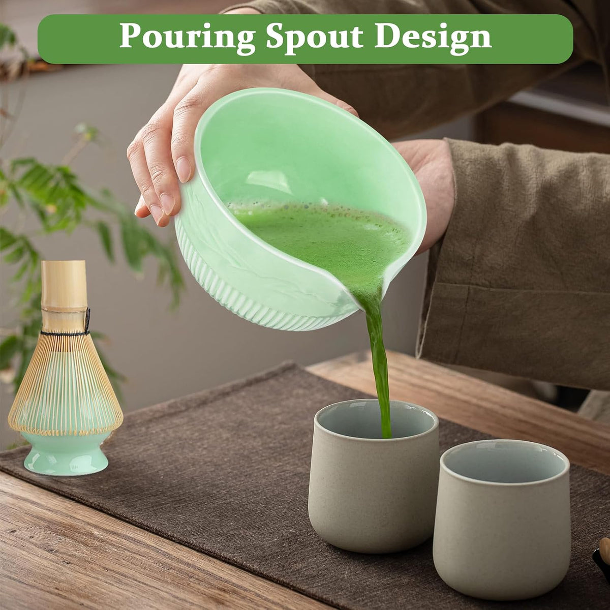 PHILORN Matcha Whisk Set, 9Pcs Ceramic Macha Kit, Matcha Set Whisk and Bowl with Spout, Whisks, Holder, Bamboo Scoop, Scoop Rest, Sifter and Tea Towel for Macha Lover (Cyan)
