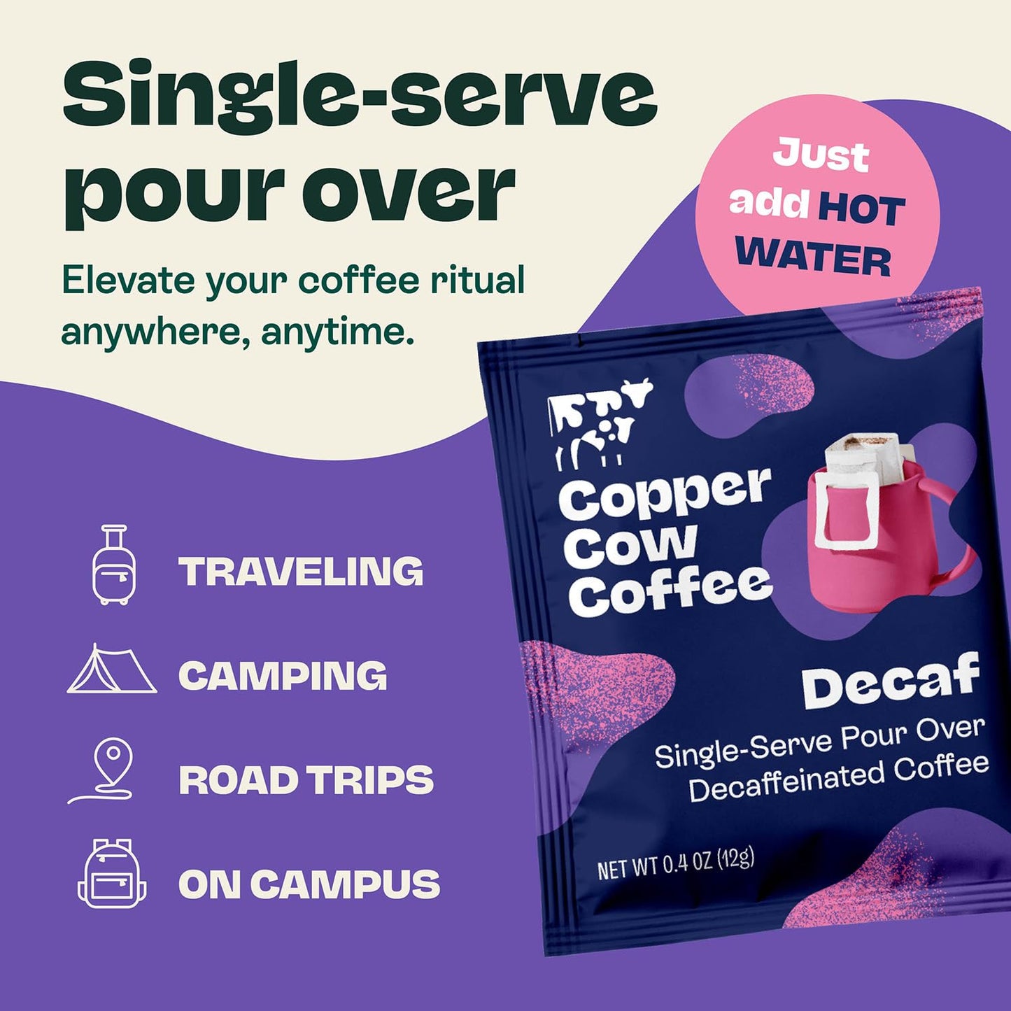 Copper Cow Coffee Premium Pour Over Coffee Decaf Single Serve Dark Roast | 8ct Decaf pour over pouches with rich, bold, low acid coffee. Travel friendly—tear, hang, pour hot water, enjoy anywhere