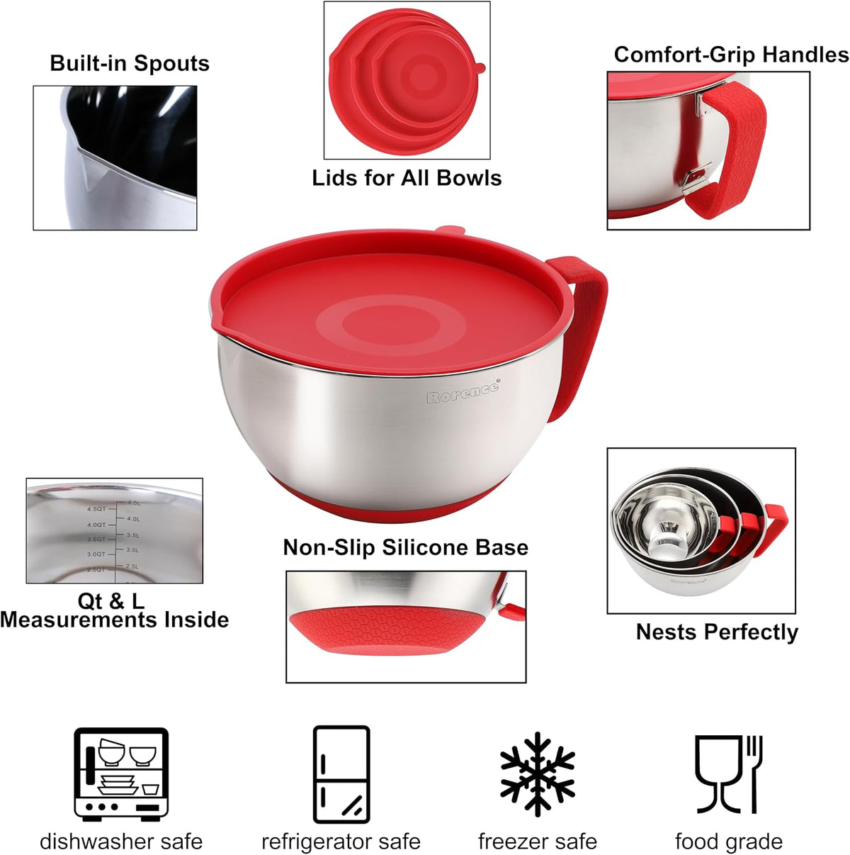 Rorence Stainless Steel Mixing Bowls Set with Lids
