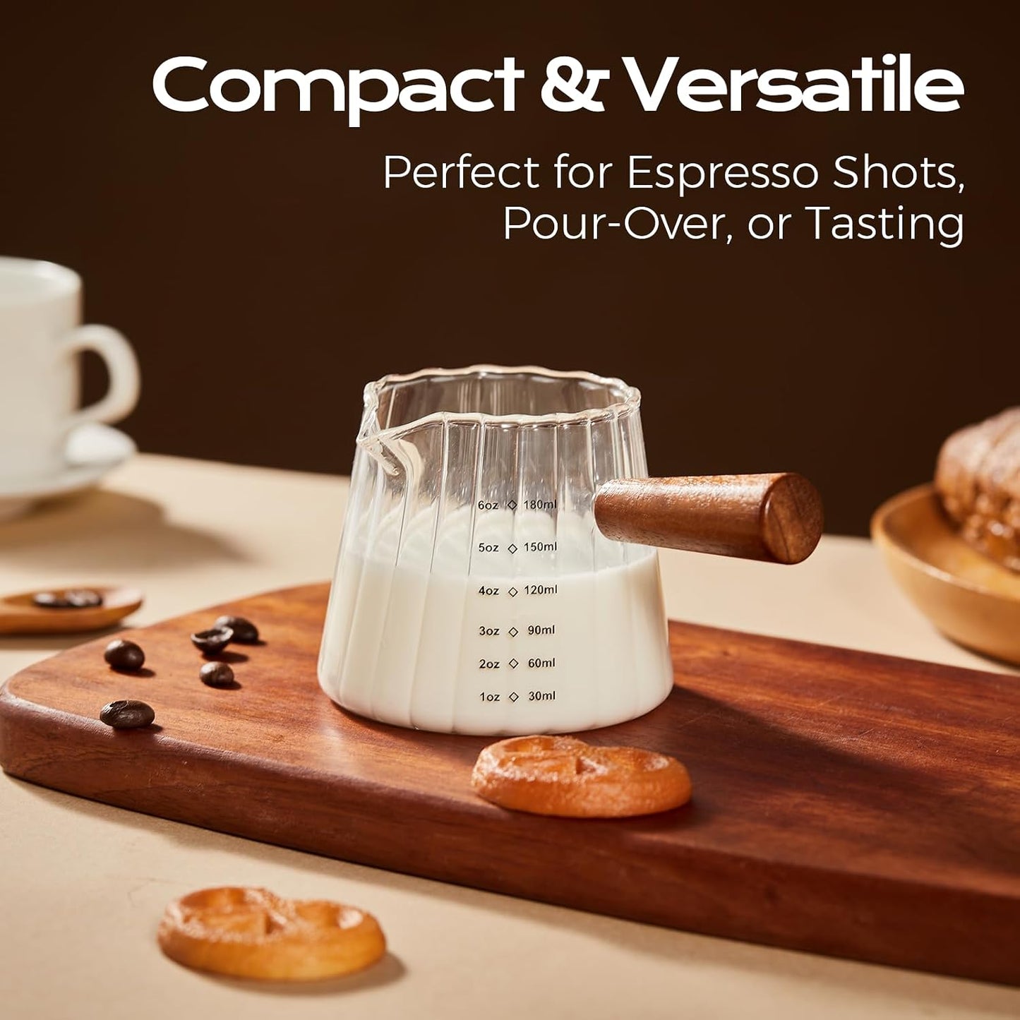 YARRAMATE 6oz Glass Espresso Measuring Cups, 2 Pack with Handle | Borosilicate Glass, Precision Pouring, Heat Insulated Grip, Dual-Scale Accuracy, Easy to Rinse Clean