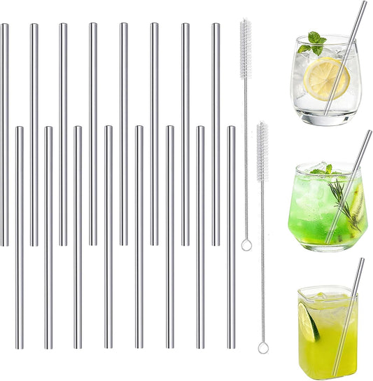 Stainless Steel Straws Short Small 5.9" Reusable Metal Bar Drinking Straw Set With Cleaner Brush for Cocktails Rock Gin Glass Coffee Mason Jar Tumblers Fruit Juice Box, Silver 16PCS