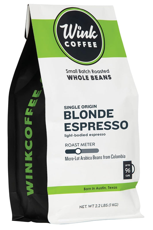 Wink Coffee Blonde Espresso, Light Roast Whole Bean Coffee, Single Origin Colombian Arabica Beans, 2.2 lb, Small-Batch,