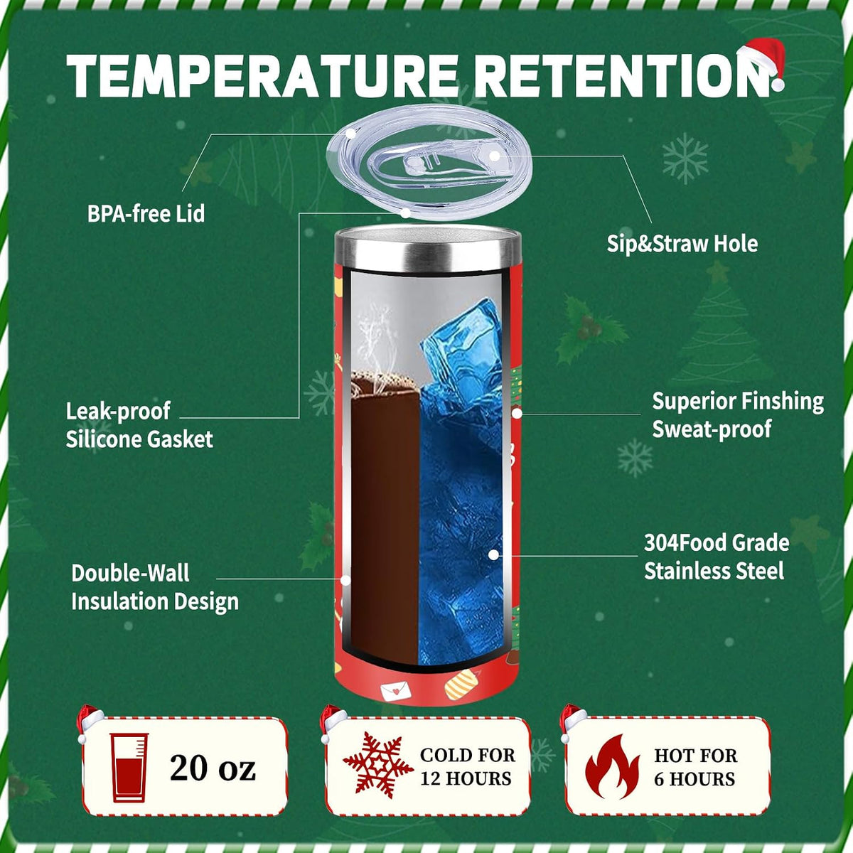20oz Christmas Skinny Tumbler with Lid and Straw,Stainless Steel Vacuum Insulated Tumbler Cup Double Wall Travel Coffee Mug Christmas Gifts for Women Men(Xmas Elements,2)
