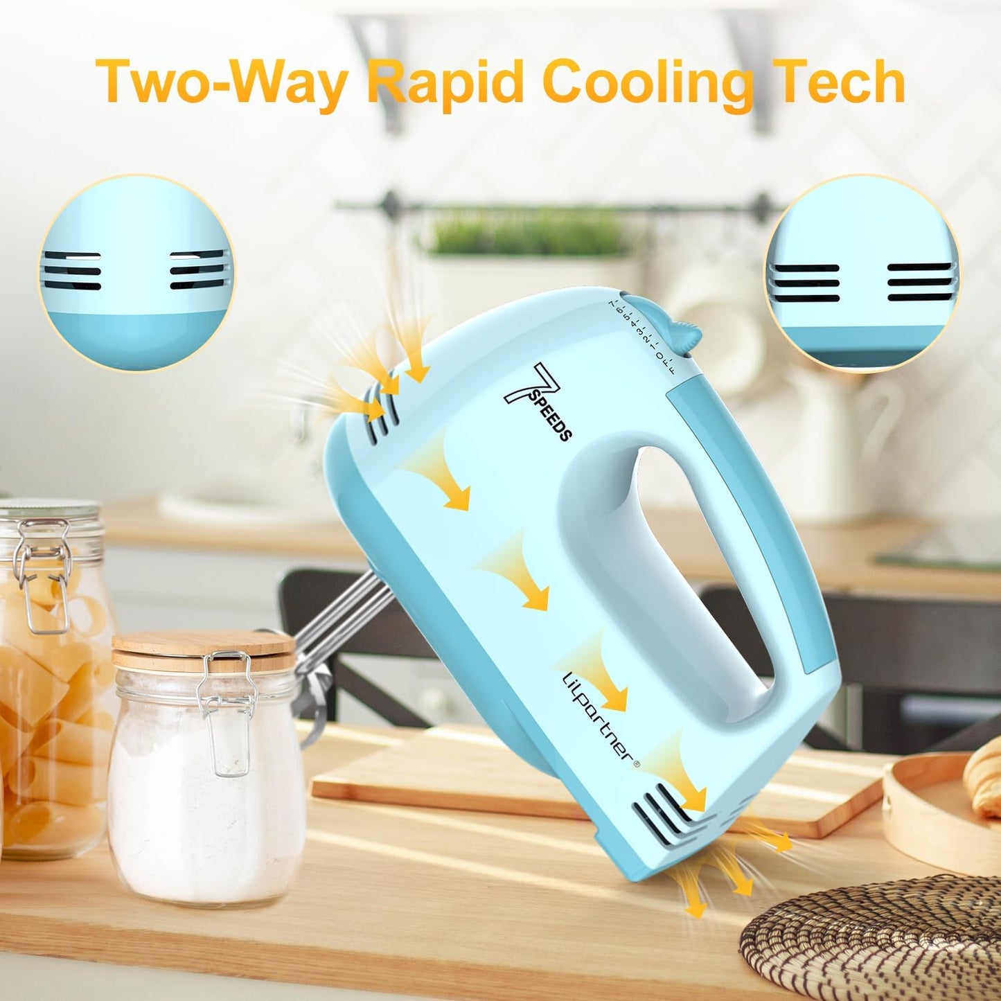 LILPARTNER Hand Mixer Electric, Ultra Power Kitchen Hand Mixer With 7-Speed &amp; 5 Stainless Steel Accessories for Whipping Dough, Cream, Cake, Dishwasher Safe, Light Blue